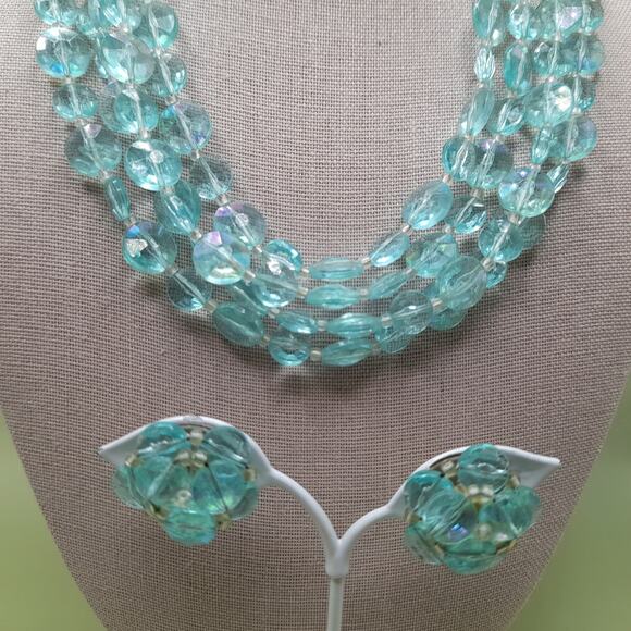 Vintage West Germany Aqua Lucite Bead Necklace Earrings Set, 1940s - Picture 4 of 13